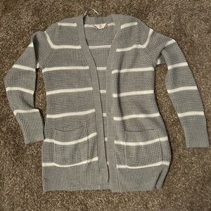 Pink Rose gray and white striped cardigan size medium